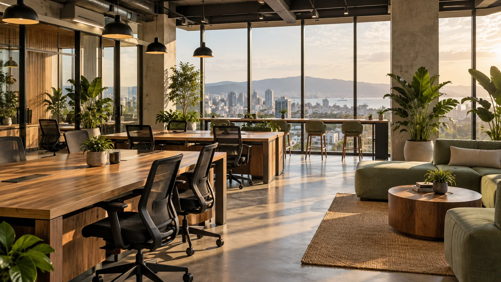 Concept view of a warm, plant-filled coworking interior